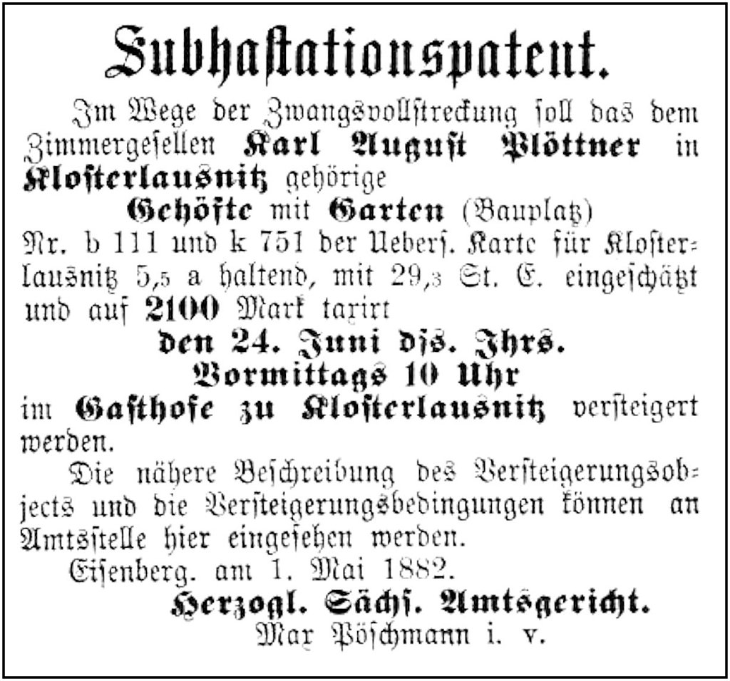 1882-05-03 Kl Zwangsversteigerung Ploettner